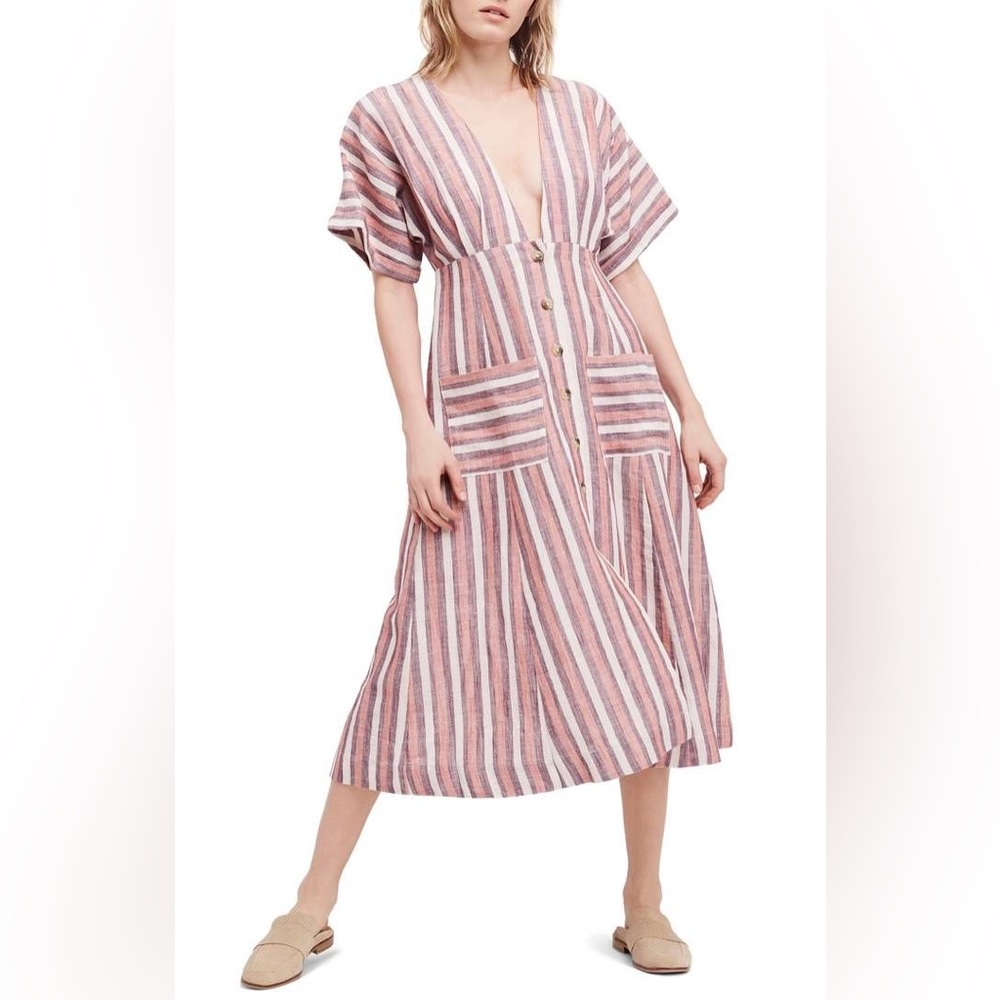 Free People XS Monday Striped Linen Blend Midi Dress